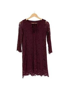 Zara Trafaluc Women’s Size XS Red Burgundy Lace Bell Sleeve Tie Neck Dress